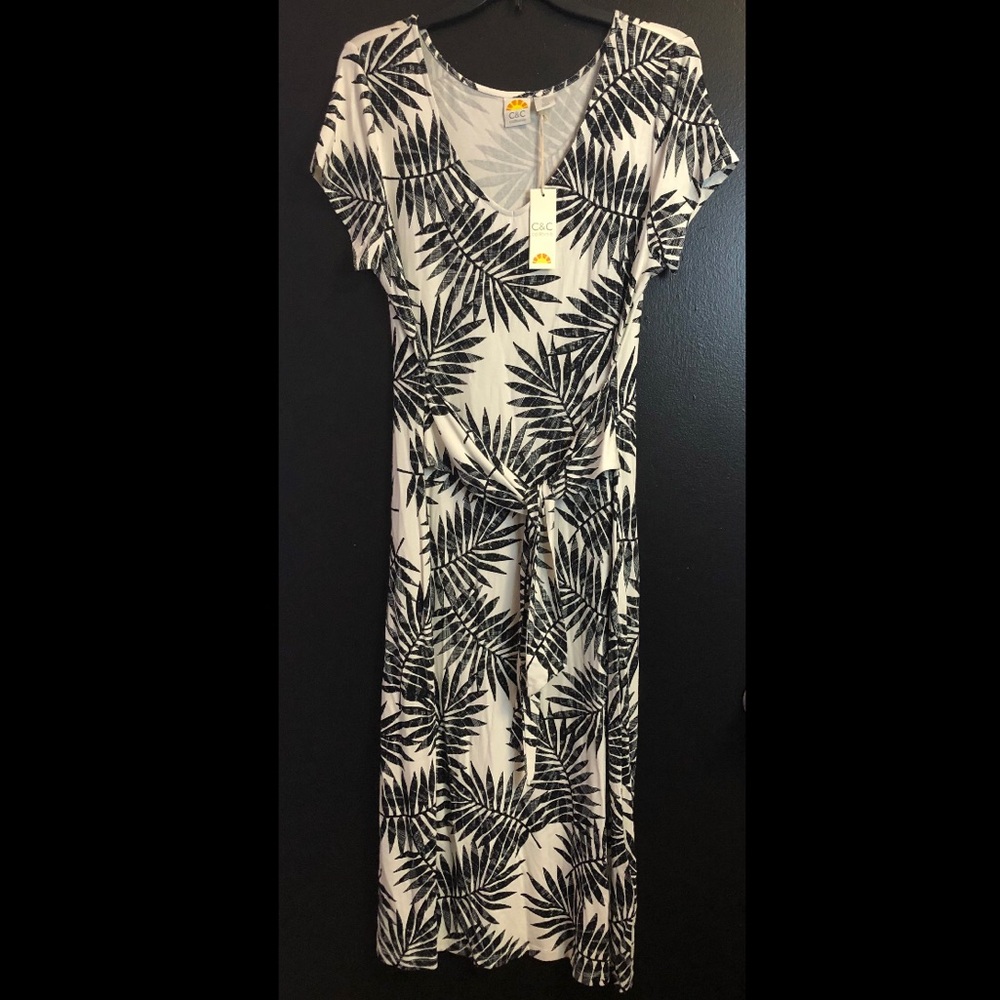 C&C California Black & White Palm-Print Tie-Waist Dress